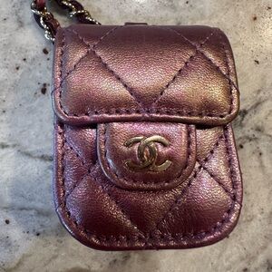 CHANEL 2020 AirPod Case Metallic Purple Quilted w Chain Includes Entrupy COA